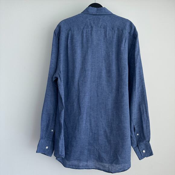 Thomas Pink Shirt Mens 17 1/2 Blue Linen Dress Button Up Long Sleeve 44 1/2 - Picture 5 of 10